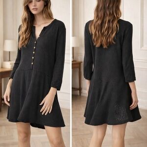 Free People Blossom Black Ribbed Button Front Boho Long Sleeve Mini Dress